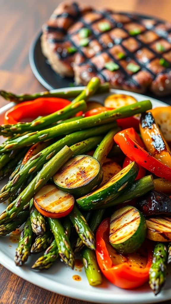 Grilled asparagus, zucchini, and bell peppers on a plate, served with a steak.